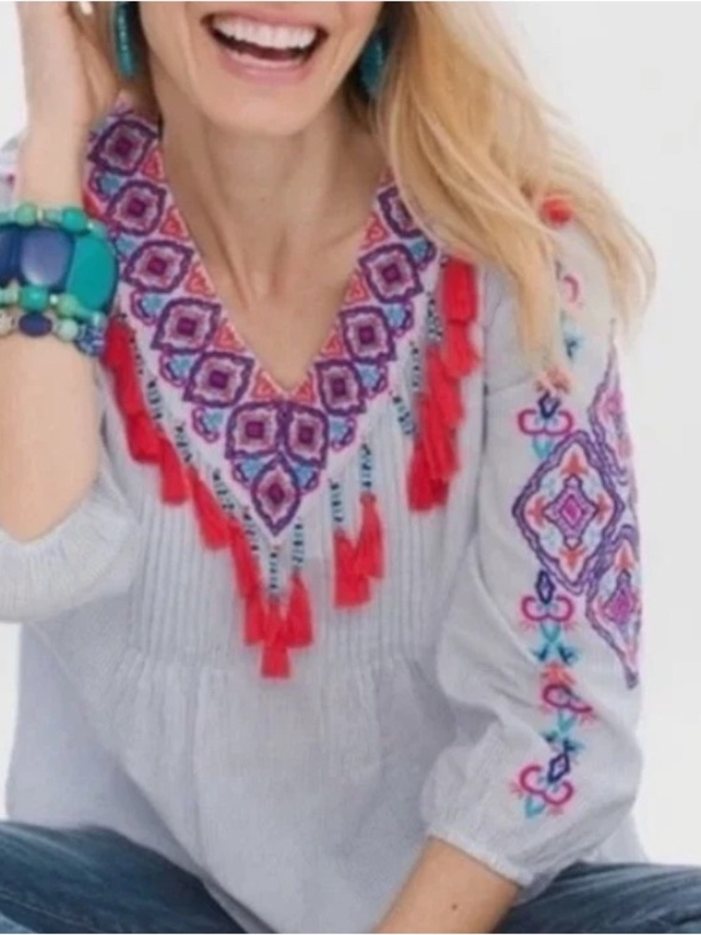 Chico’s Blue & White Striped Embroidered Tassel Popover Top 0 Small